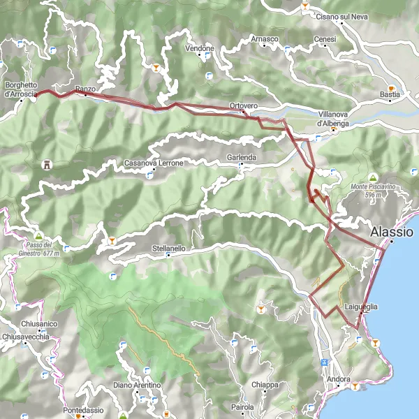 Miniatuurkaart van de fietsinspiratie "Grindpad langs Alassio en Borghetto d'Arroscia" in Liguria, Italy. Gemaakt door de Tarmacs.app fietsrouteplanner