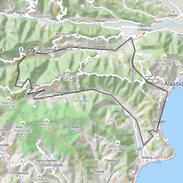 Miniatuurkaart van de fietsinspiratie "Verkenning van Monte Lodoretta en Poggio Brea" in Liguria, Italy. Gemaakt door de Tarmacs.app fietsrouteplanner