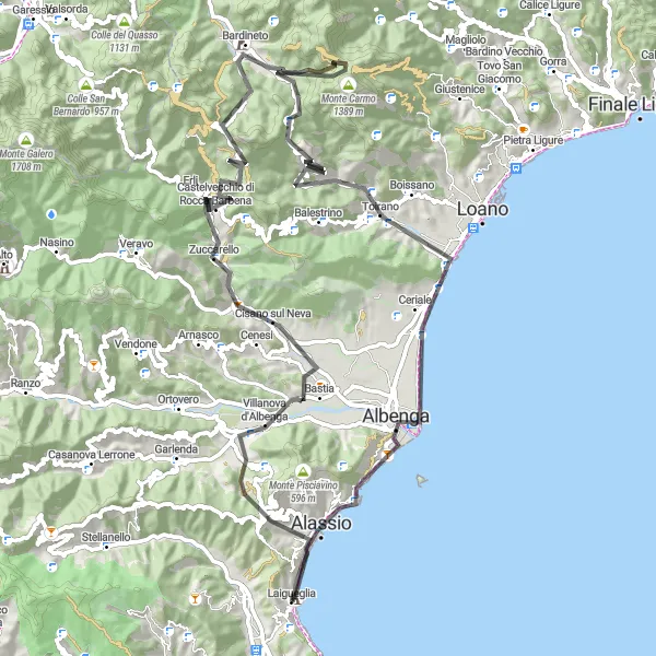 Miniaturekort af cykelinspirationen "Villanova d'Albenga til Monte Piccaro" i Liguria, Italy. Genereret af Tarmacs.app cykelruteplanlægger