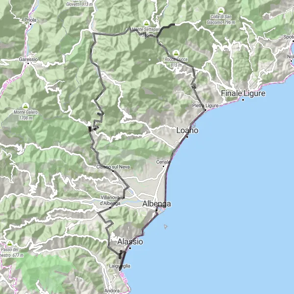Miniaturní mapa "Challenging road circuit near Laigueglia" inspirace pro cyklisty v oblasti Liguria, Italy. Vytvořeno pomocí plánovače tras Tarmacs.app