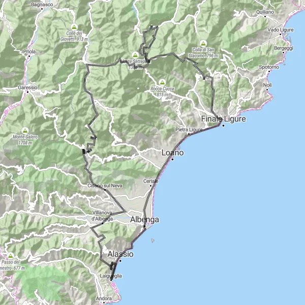 Miniatua del mapa de inspiración ciclista "Ruta de ciclismo de carretera a través de Laigueglia y Calizzano" en Liguria, Italy. Generado por Tarmacs.app planificador de rutas ciclistas
