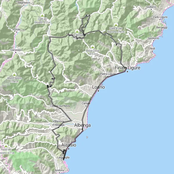 Mapa miniatúra "Okruhová cyklistická trasa cez Poggio Brea a Monte Maglione" cyklistická inšpirácia v Liguria, Italy. Vygenerované cyklistickým plánovačom trás Tarmacs.app