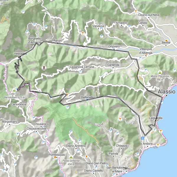 Miniatura della mappa di ispirazione al ciclismo "Tour dei Borghi Liguri" nella regione di Liguria, Italy. Generata da Tarmacs.app, pianificatore di rotte ciclistiche