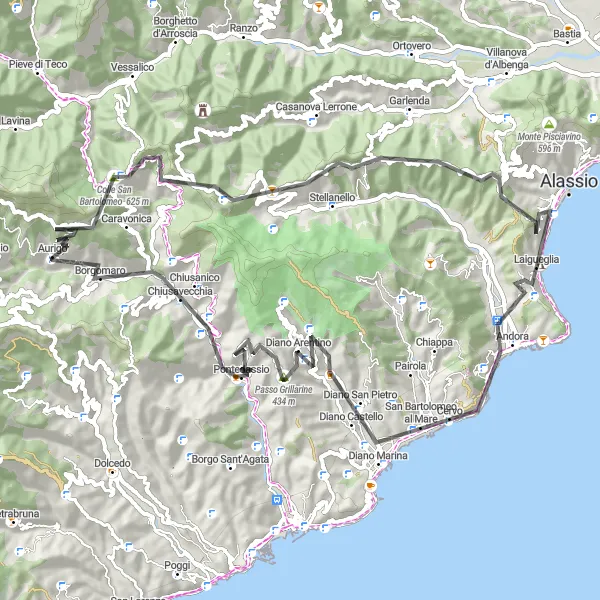 Map miniature of "Climb to Monti Liguri" cycling inspiration in Liguria, Italy. Generated by Tarmacs.app cycling route planner