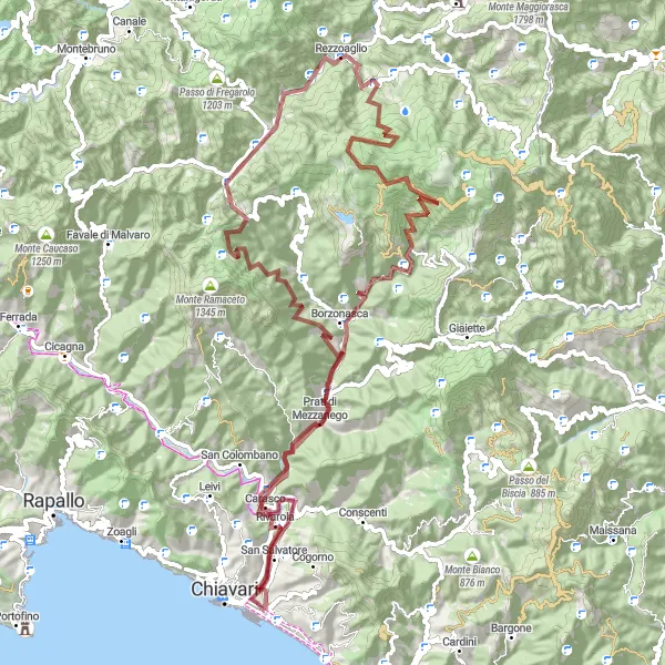 Miniatua del mapa de inspiración ciclista "Aventura en gravilla desde Lavagna" en Liguria, Italy. Generado por Tarmacs.app planificador de rutas ciclistas