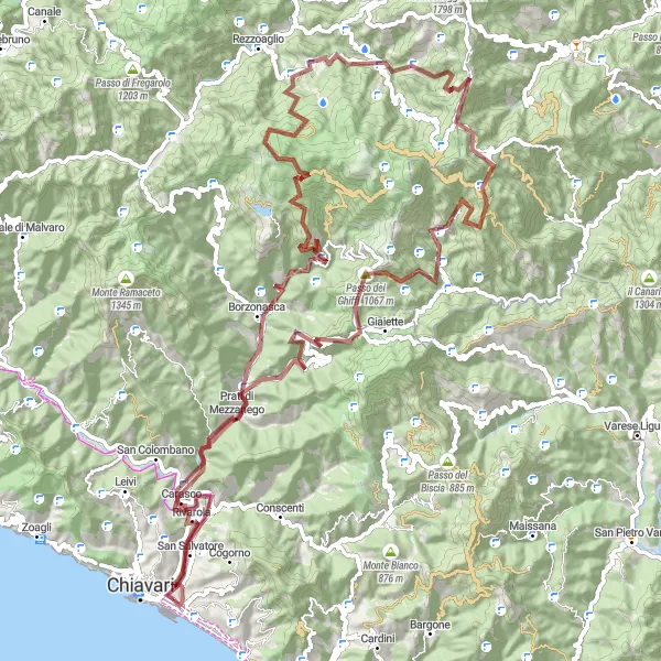 Karttaminiaatyyri "Vuoriston ja Merenrannan Gravel Seikkailu" pyöräilyinspiraatiosta alueella Liguria, Italy. Luotu Tarmacs.app pyöräilyreittisuunnittelijalla