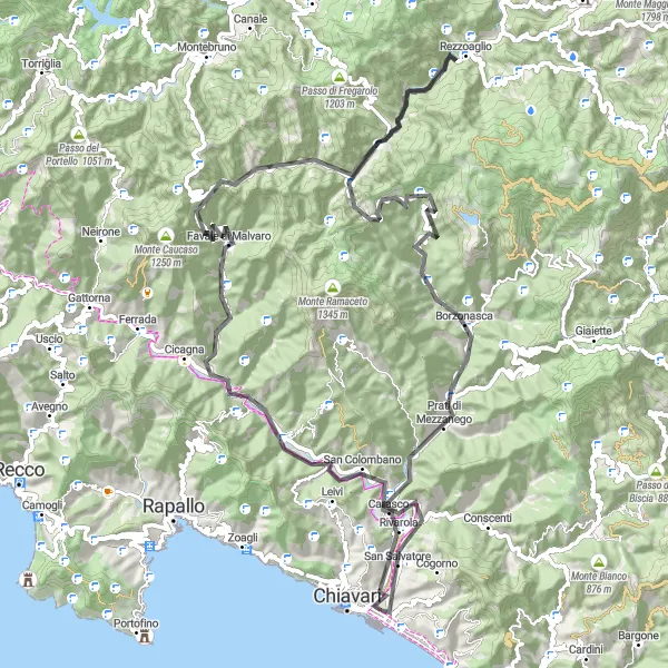 Kartminiatyr av "Favale di Malvaro og Passo della Scoglina Eventyr" sykkelinspirasjon i Liguria, Italy. Generert av Tarmacs.app sykkelrutoplanlegger