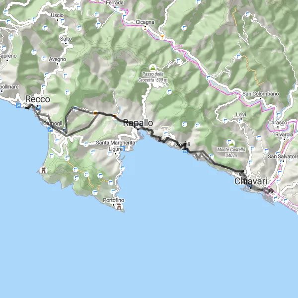 Miniatuurkaart van de fietsinspiratie "Rondrit naar Rapallo en Recco" in Liguria, Italy. Gemaakt door de Tarmacs.app fietsrouteplanner