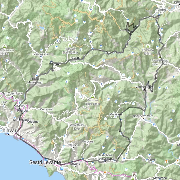 Map miniature of "The Coastal Crown" cycling inspiration in Liguria, Italy. Generated by Tarmacs.app cycling route planner