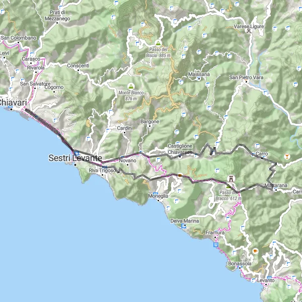 Miniatua del mapa de inspiración ciclista "Ruta de subida desafiante desde Lavagna" en Liguria, Italy. Generado por Tarmacs.app planificador de rutas ciclistas