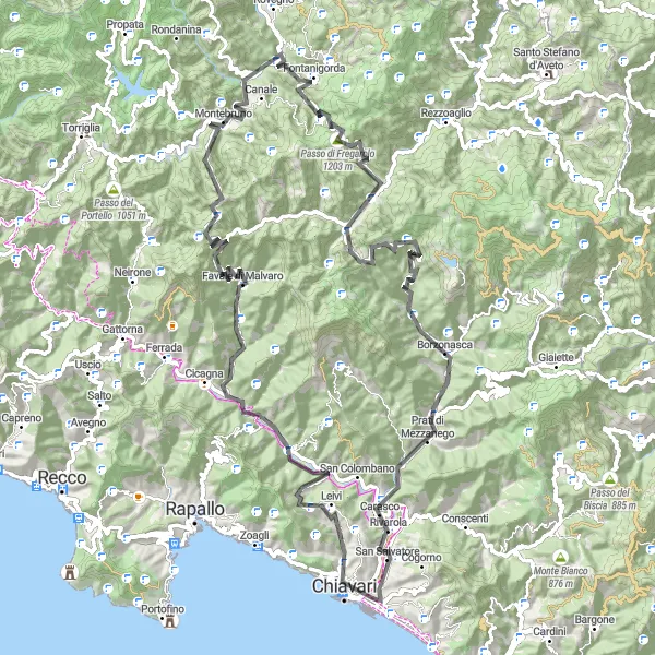 Mapa miniatúra "Okružná cyklistická trasa Lavagna - Passo della Forcella" cyklistická inšpirácia v Liguria, Italy. Vygenerované cyklistickým plánovačom trás Tarmacs.app