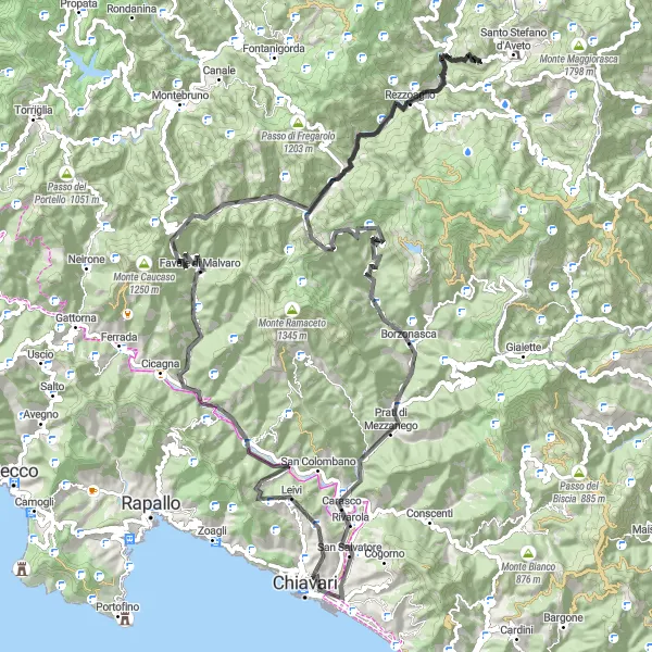 Miniatua del mapa de inspiración ciclista "Ruta escénica en carretera desde Lavagna" en Liguria, Italy. Generado por Tarmacs.app planificador de rutas ciclistas