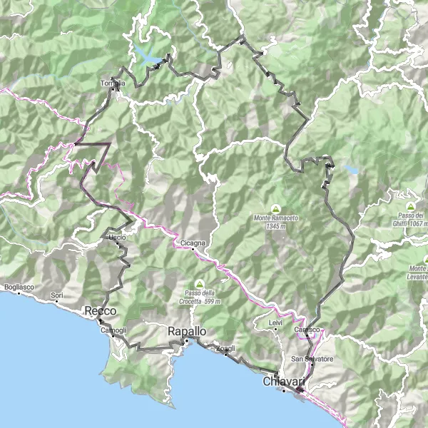 Karttaminiaatyyri "Pyöräilyreitti Lavagnan lähellä - Maantiepyöräily" pyöräilyinspiraatiosta alueella Liguria, Italy. Luotu Tarmacs.app pyöräilyreittisuunnittelijalla