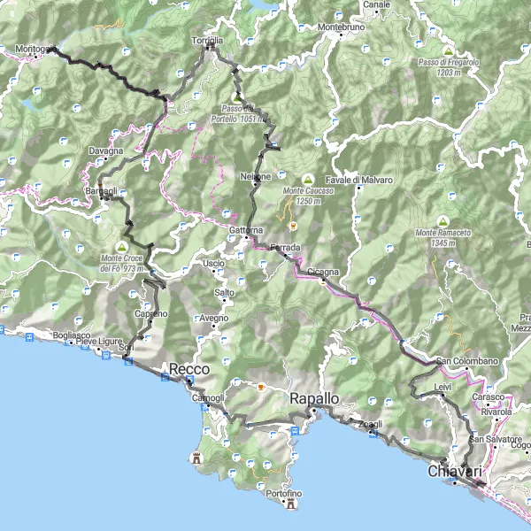 Kartminiatyr av "Lavagna til Passo dell'Anchetta Rundtur" sykkelinspirasjon i Liguria, Italy. Generert av Tarmacs.app sykkelrutoplanlegger