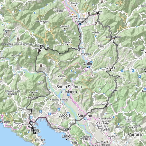 Miniatura della mappa di ispirazione al ciclismo "Giro dei Monti Liguri" nella regione di Liguria, Italy. Generata da Tarmacs.app, pianificatore di rotte ciclistiche