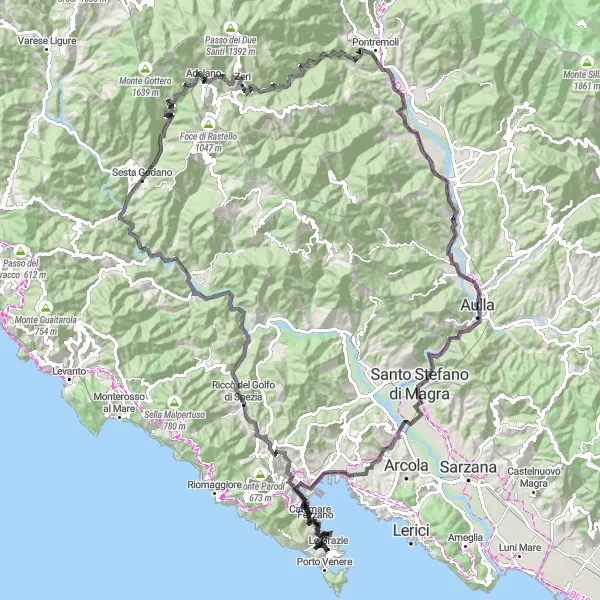 Karten-Miniaturansicht der Radinspiration "Die Herausforderung der Berge und Täler" in Liguria, Italy. Erstellt vom Tarmacs.app-Routenplaner für Radtouren