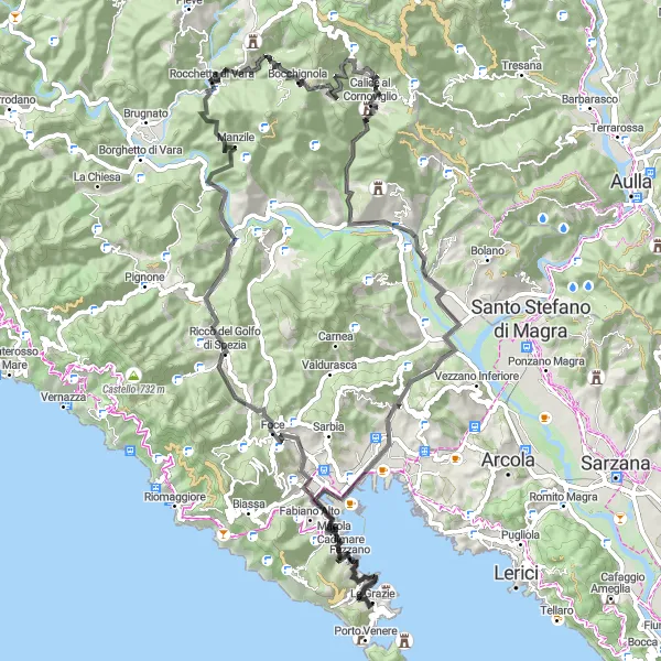 Miniaturekort af cykelinspirationen "Panorama rute til Monte Muzzerone" i Liguria, Italy. Genereret af Tarmacs.app cykelruteplanlægger