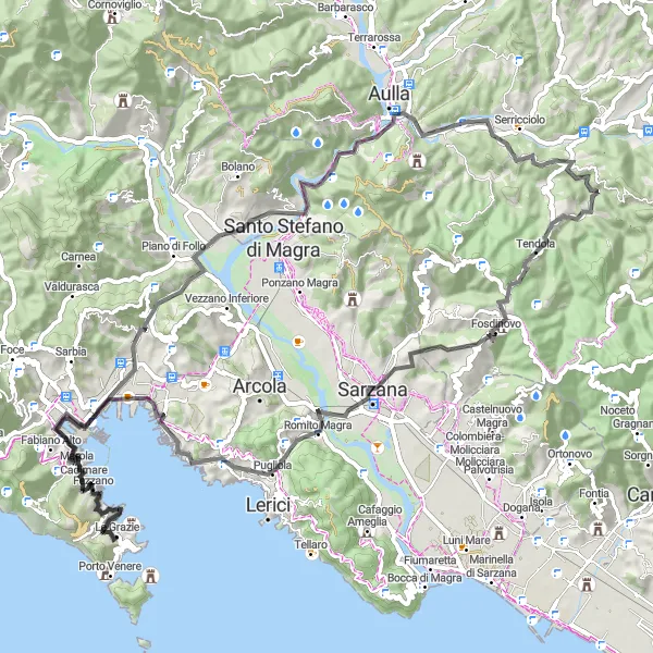 Zemljevid v pomanjšavi "Fezzano to Monte Muzzerone Cycling Route" kolesarske inspiracije v Liguria, Italy. Generirano z načrtovalcem kolesarskih poti Tarmacs.app