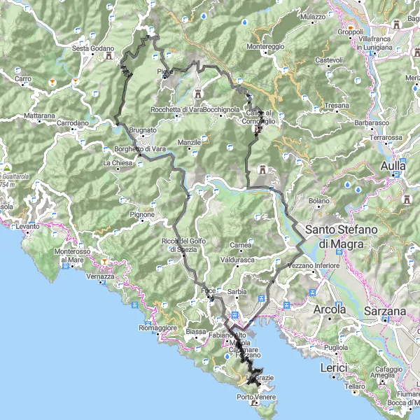 Zemljevid v pomanjšavi "Raznolika kolesarska pot v okolici Le Grazie - 108 km" kolesarske inspiracije v Liguria, Italy. Generirano z načrtovalcem kolesarskih poti Tarmacs.app