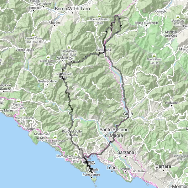 Karttaminiaatyyri "Luontoretki Ligurian vuoristossa" pyöräilyinspiraatiosta alueella Liguria, Italy. Luotu Tarmacs.app pyöräilyreittisuunnittelijalla