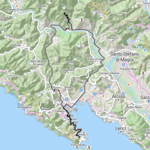 Miniatura della mappa di ispirazione al ciclismo "Tra tradizione e natura" nella regione di Liguria, Italy. Generata da Tarmacs.app, pianificatore di rotte ciclistiche