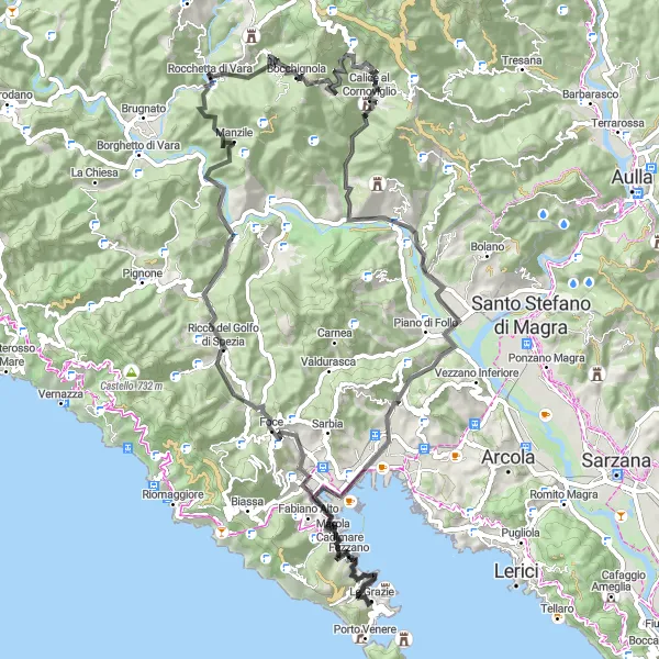Miniatuurkaart van de fietsinspiratie "Kronkelende Klimroute via Cozzano en Monte Mezzano" in Liguria, Italy. Gemaakt door de Tarmacs.app fietsrouteplanner