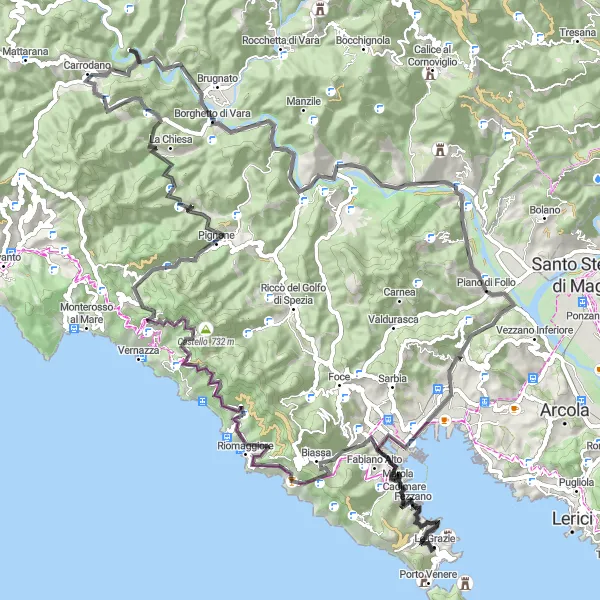 Miniaturní mapa "Zákrutovitá cestovní cyklistická trasa okolo Le Grazie" inspirace pro cyklisty v oblasti Liguria, Italy. Vytvořeno pomocí plánovače tras Tarmacs.app