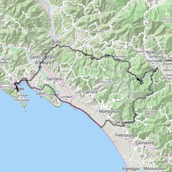 Miniaturní mapa "Malebná cyklotrasa kolem Le Grazie" inspirace pro cyklisty v oblasti Liguria, Italy. Vytvořeno pomocí plánovače tras Tarmacs.app