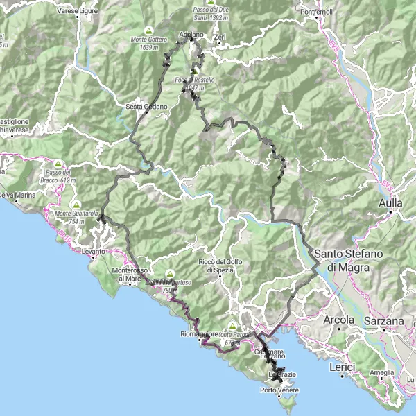 Mapa miniatúra "Cyklotrasa Monte della Madonna" cyklistická inšpirácia v Liguria, Italy. Vygenerované cyklistickým plánovačom trás Tarmacs.app