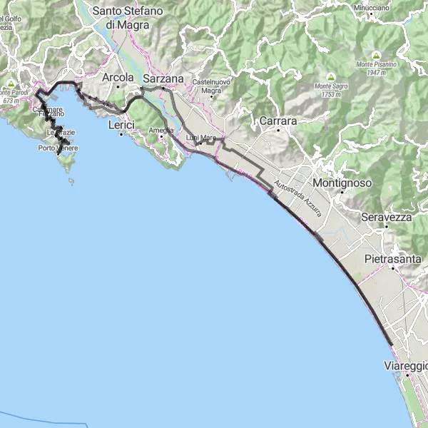 Miniatura della mappa di ispirazione al ciclismo "Scorci costieri e antiche rovine" nella regione di Liguria, Italy. Generata da Tarmacs.app, pianificatore di rotte ciclistiche