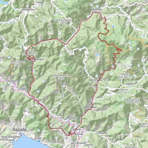 Zemljevid v pomanjšavi "Pustolovska gravel pot preko Passo della Scoglina in La Colla" kolesarske inspiracije v Liguria, Italy. Generirano z načrtovalcem kolesarskih poti Tarmacs.app