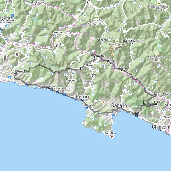 Miniatua del mapa de inspiración ciclista "Recorrido escénico por Bogliasco y Monte Fasce" en Liguria, Italy. Generado por Tarmacs.app planificador de rutas ciclistas