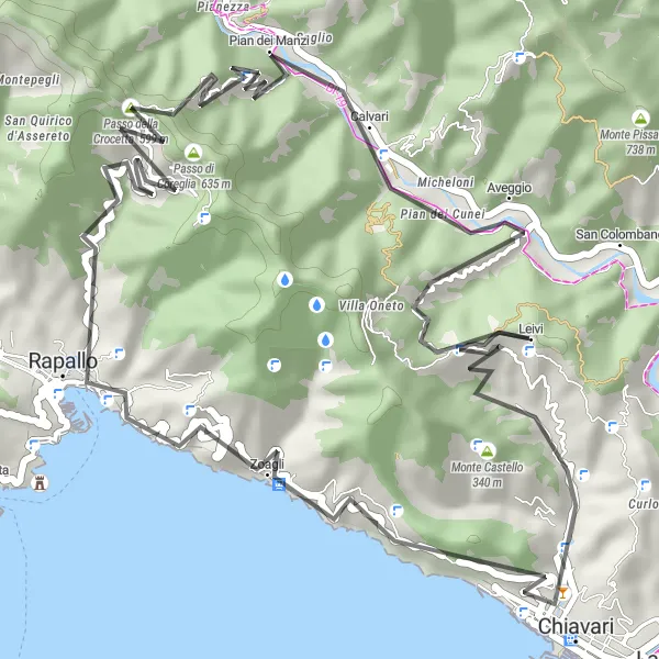 Zemljevid v pomanjšavi "Pot do nudističnega območja via Zoagli in Rapallo" kolesarske inspiracije v Liguria, Italy. Generirano z načrtovalcem kolesarskih poti Tarmacs.app