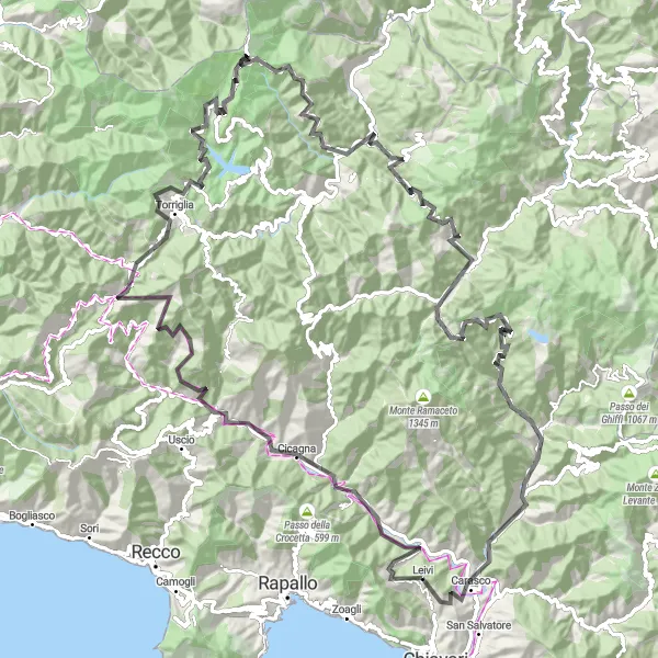 Map miniature of "Leivi Challenge: Peaks and Passes" cycling inspiration in Liguria, Italy. Generated by Tarmacs.app cycling route planner