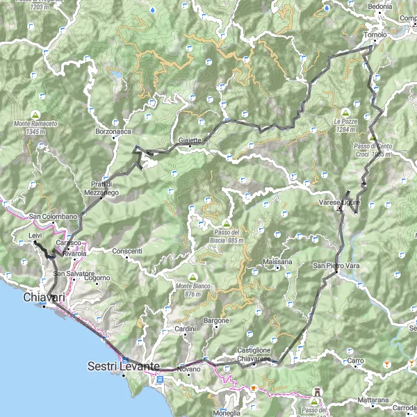 Miniaturní mapa "Cyklistická trasa k oblasti Monte Pazzone" inspirace pro cyklisty v oblasti Liguria, Italy. Vytvořeno pomocí plánovače tras Tarmacs.app