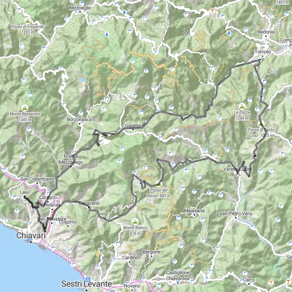 Map miniature of "Leivi — Lavagna — Varese Ligure — Carasco" cycling inspiration in Liguria, Italy. Generated by Tarmacs.app cycling route planner