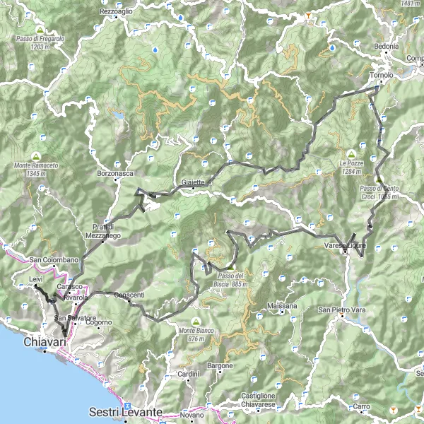 Miniaturní mapa "Kolem malebného Leivi" inspirace pro cyklisty v oblasti Liguria, Italy. Vytvořeno pomocí plánovače tras Tarmacs.app