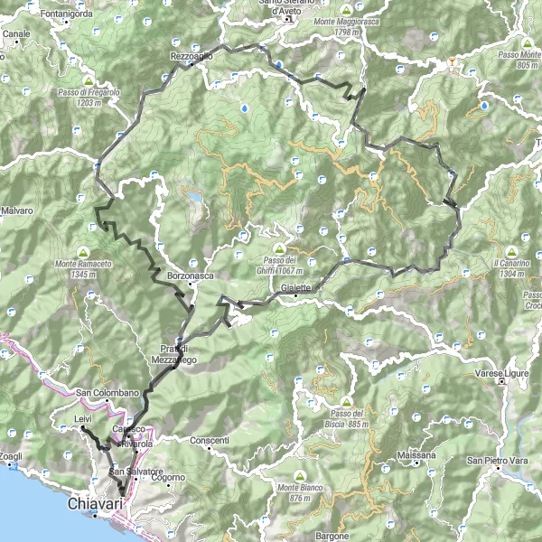 Miniatua del mapa de inspiración ciclista "Ruta de Ciclismo en Carretera por Monte Trevine-Monte Pazzone" en Liguria, Italy. Generado por Tarmacs.app planificador de rutas ciclistas