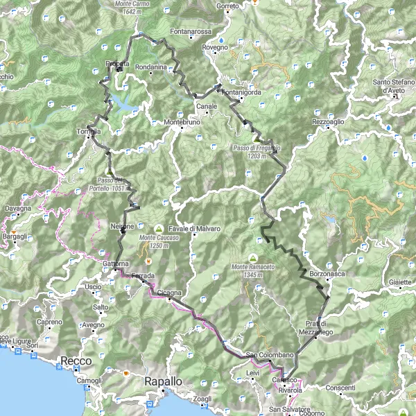 Mapa miniatúra "Cyklotrasa okolo Leivi (Liguria, Taliansko) s náročným stúpaním" cyklistická inšpirácia v Liguria, Italy. Vygenerované cyklistickým plánovačom trás Tarmacs.app