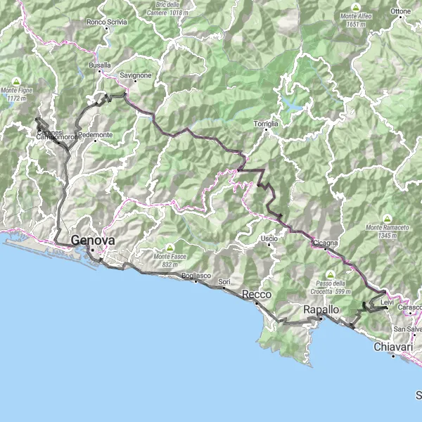 Miniatua del mapa de inspiración ciclista "Vuelta panorámica a través de Génova y Monte Carlo" en Liguria, Italy. Generado por Tarmacs.app planificador de rutas ciclistas
