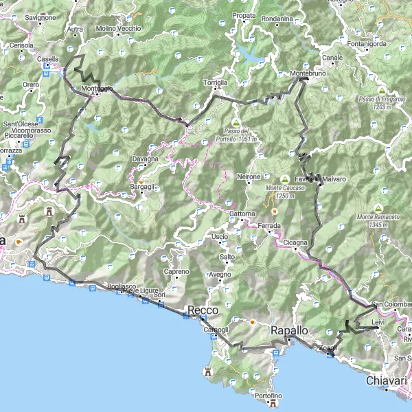 Map miniature of "Leivi Gravel Adventure" cycling inspiration in Liguria, Italy. Generated by Tarmacs.app cycling route planner