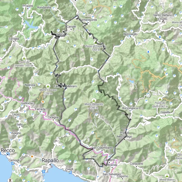 Miniatua del mapa de inspiración ciclista "Desafío de montaña a través de Borzonasca y Cima d'Acero" en Liguria, Italy. Generado por Tarmacs.app planificador de rutas ciclistas