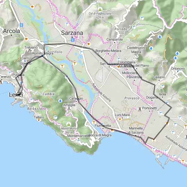 Miniatuurkaart van de fietsinspiratie "Korte Rit naar Luni Mare" in Liguria, Italy. Gemaakt door de Tarmacs.app fietsrouteplanner