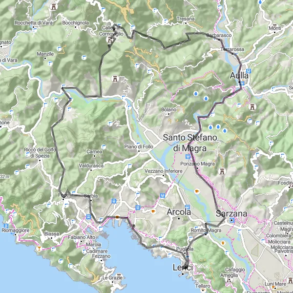 Map miniature of "Scenic Tour from Lerici to Sarzana" cycling inspiration in Liguria, Italy. Generated by Tarmacs.app cycling route planner