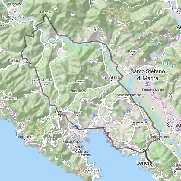 Map miniature of "Challenging Ride from Lerici to Romito Magra" cycling inspiration in Liguria, Italy. Generated by Tarmacs.app cycling route planner