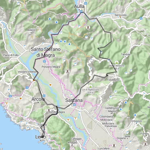 Kartminiatyr av "Lerici - Arcola - Monte Misutetto - Aulla - Foce del Cuccu - Fosdinovo - Sarzana - Belvedere" cykelinspiration i Liguria, Italy. Genererad av Tarmacs.app cykelruttplanerare