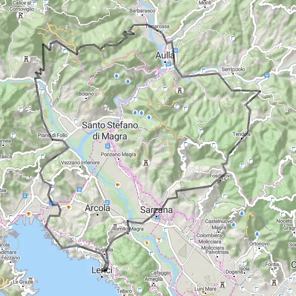 Zemljevid v pomanjšavi "Ekskluzivna kolesarska pot do Sarzane" kolesarske inspiracije v Liguria, Italy. Generirano z načrtovalcem kolesarskih poti Tarmacs.app