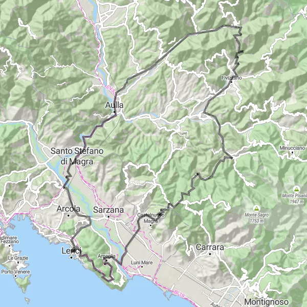 Karten-Miniaturansicht der Radinspiration "Die epische Santo Stefano di Magra Rundfahrt" in Liguria, Italy. Erstellt vom Tarmacs.app-Routenplaner für Radtouren
