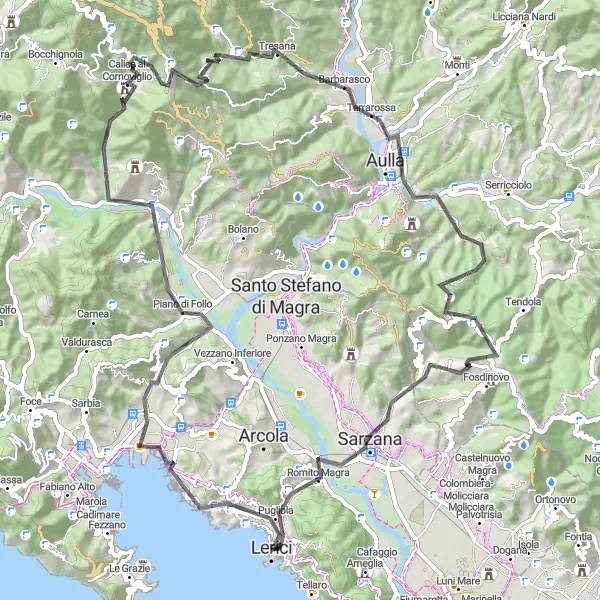 Miniatura della mappa di ispirazione al ciclismo "Giro in bici da Lerici a Belvedere" nella regione di Liguria, Italy. Generata da Tarmacs.app, pianificatore di rotte ciclistiche