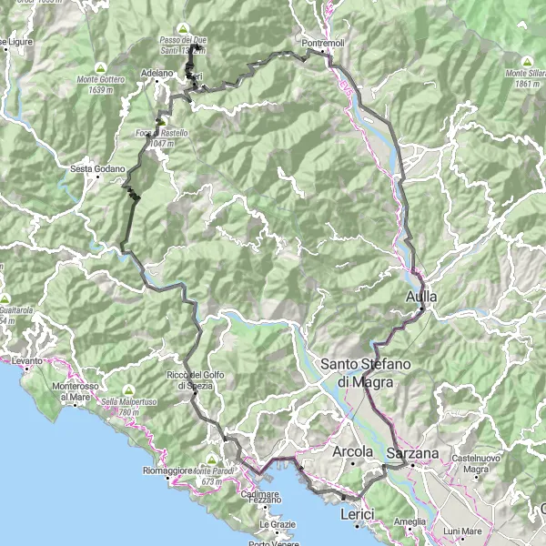 Miniatura della mappa di ispirazione al ciclismo "Giro in bicicletta da Lerici a Monte Buzzo" nella regione di Liguria, Italy. Generata da Tarmacs.app, pianificatore di rotte ciclistiche